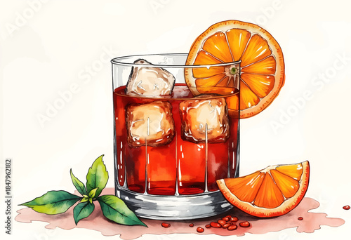 A cocktail glass filled with a vibrant drink showcases ice cubes and fresh orange slices next to mint leaves, creating a bright and inviting presentation perfect for a summer gathering.