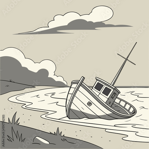 Wrecked boat on beach with cloudy sky stranded shore