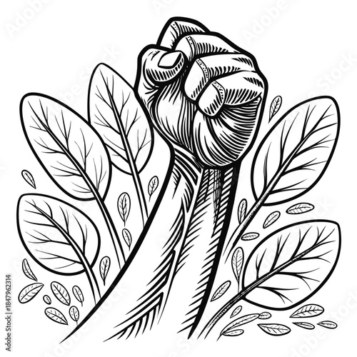 Bound hand in leafy foliage fist leaves