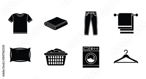 Laundry and clothing items a simple black and white icon set illustration