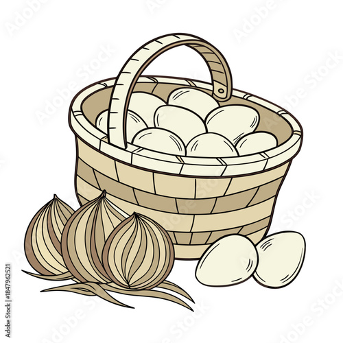 Basket of eggs and onions woven basket brown and beige colors
