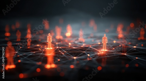 Abstract concept of digital network with glowing human figures representing connectivity, communication, and relationships in a modern technological environment