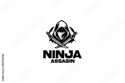 Ninja Assasin Character Logo Design with Mask, Hood and sword