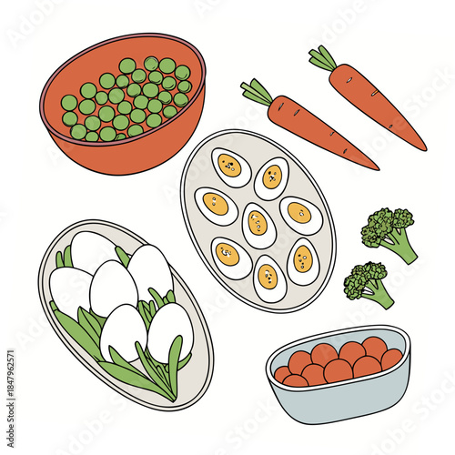 Cartoon food assortment with eggs peas carrots broccoli