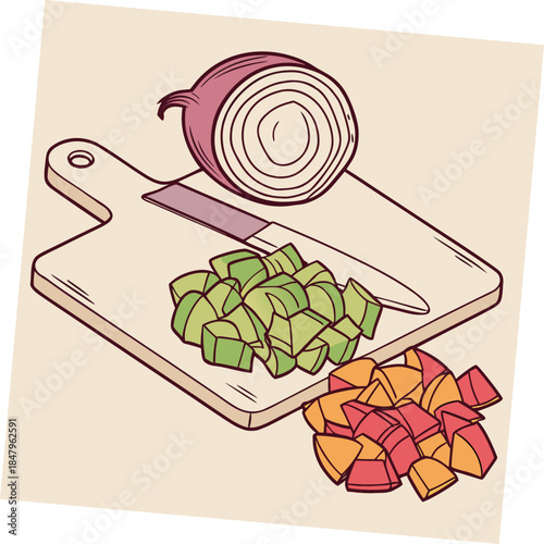 Chopped vegetables on cutting board knife onion avocado