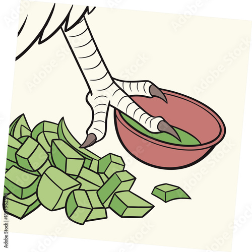 Chicken foot picking up green cubes from bowl red bowl
