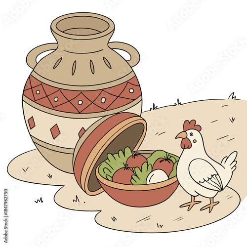 Cartoon chicken standing next to clay pot and bowl of vegetables