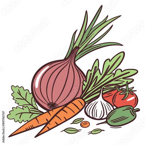 Colorful of vegetables including onion carrot garlic tomatoes and zucchini