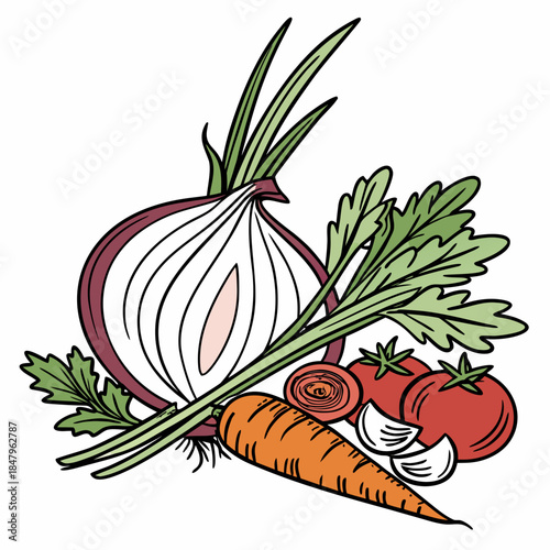 Cartoon vegetables including onion carrot and tomatoes