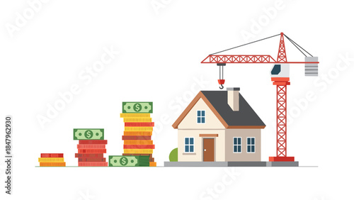 Illustrative depiction of financial growth supporting home construction with stacks of money and a building crane.