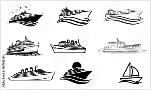 Naval Vessels Illustration: A collection of various naval vessels, depicted in intricate detail, showcasing the diverse world of maritime transport and engineering