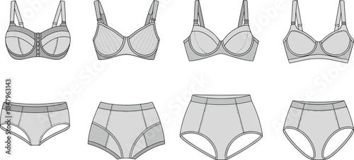 Line Art Illustrations of Bras and Panties on White Background Keywords: bra, panties, underwear, lingerie, clothing, fashion