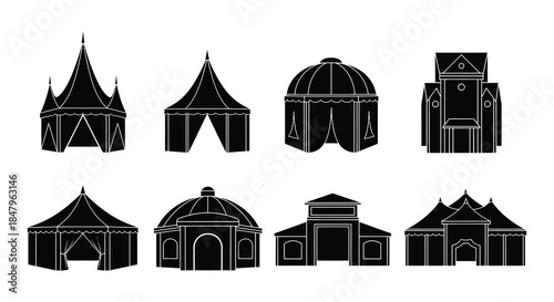 Variety of tent and building silhouettes in a simple black and white style