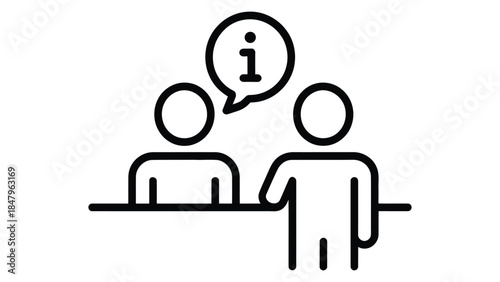 customer support help desk icon showing agent and client with information speech bubble in clean black minimalist line design