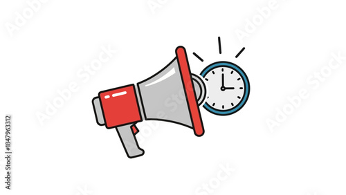 Vibrant megaphone announcing urgent message with clock