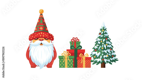 Festive christmas gnome stands beside a stack of beautifully wrapped gifts and a snow covered evergreen tree, creating a joyful holiday scene.
