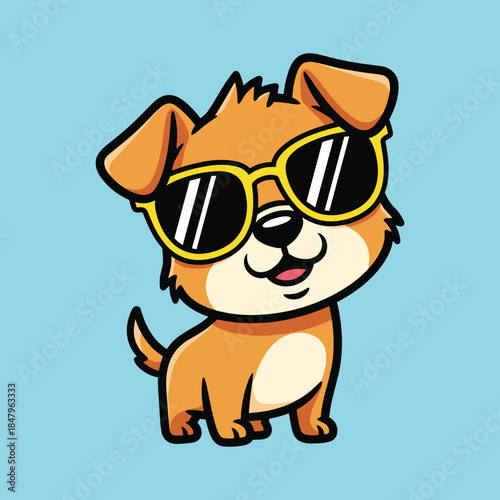 A cute cartoon brown puppy dog wearing yellow sunglasses on a light blue background, smiling happily.