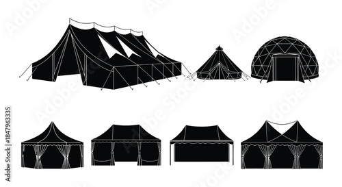 Variety of tent and building silhouettes in a simple black and white style