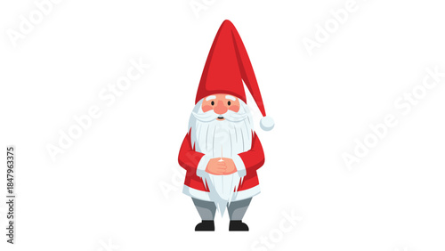 Charming cartoon illustration of a festive gnome with a long white beard and red hat, appearing thoughtful and holding hands together.