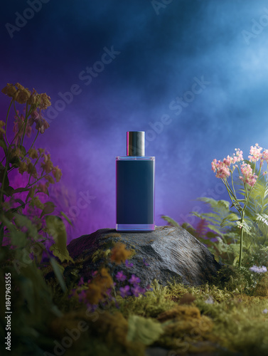 Luxurious perfume bottle amidst floral scenery