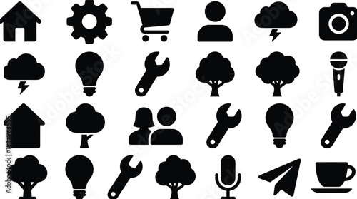 Black silhouette icons, business, technology, nature, communication, tools, office, cloud, gear, chart, microphone, light bulb, tree, person
