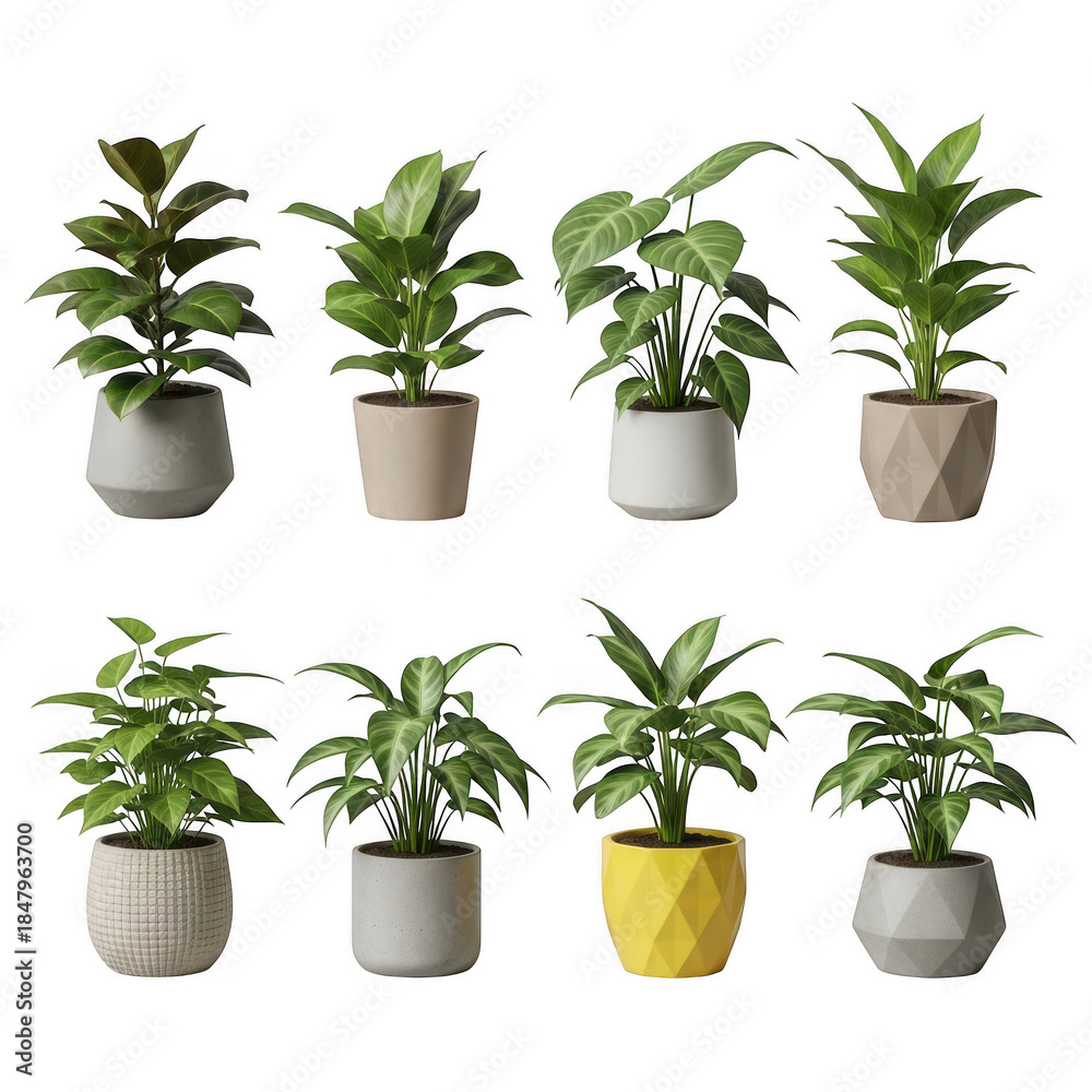 Obraz premium Collection of eight potted houseplants isolated on transparent background, each with unique foliage and pot design, adding a touch of greenery and modern style to any space