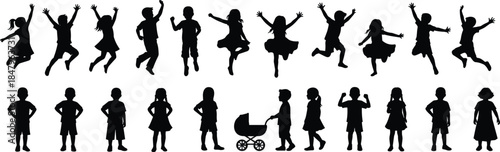 Children silhouette poses, jumping and standing, black figures, playful gesture, minimal design, youth activity, expressive motion, posture variation, group energy, interaction