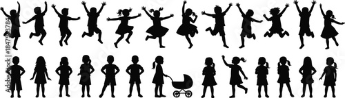Children silhouette poses, jumping and standing, black figures, playful gesture, minimal design, youth activity, posture variation, expressive motion, group interaction, diversity