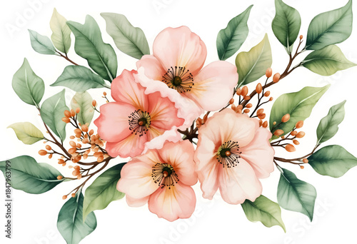 Delicate pink flowers bloom amidst lush green leaves and tiny berries, showcasing a harmonious blend of nature's beauty in a watercolor design.