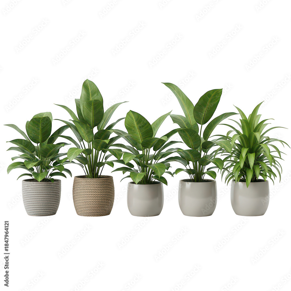 Fototapeta premium Collection of five potted plants with vibrant green leaves, isolated on transparent background, adding a touch of nature and freshness to any indoor space