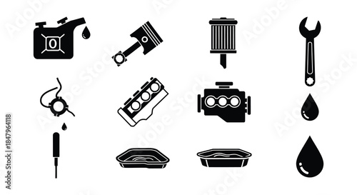 Essential automotive engine components and tools illustrated in a black and white style