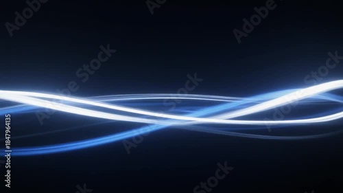Abstract glowing blue and white wavy lines creating a dynamic light effect on a dark background.