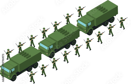 Military Convoy with Soldiers and Trucks — Isometric Vector Illustration