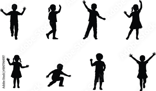 Children silhouettes, playful poses, jumping kids, dancing figures, running children, waving hands, black shapes, minimal design, childhood activity, energetic movement