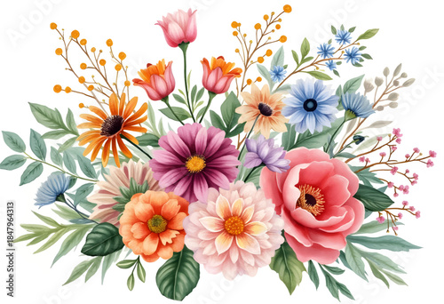 A vibrant display of assorted flowers like peonies, daisies, and roses arranged beautifully among green leaves. This floral design captures the essence of spring and natures charm.