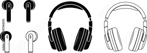 Headphones and earbuds, headsets and earpieces  vector illustration icon set, silhouette. 