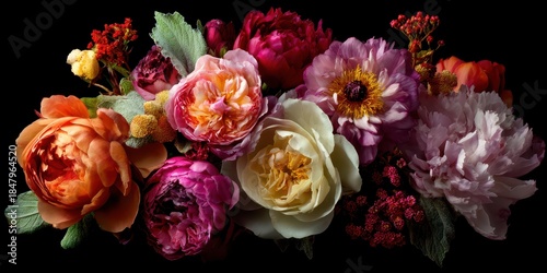 Vibrant Floral Arrangement: Assorted Colorful Roses on Elegant Black Backdrop