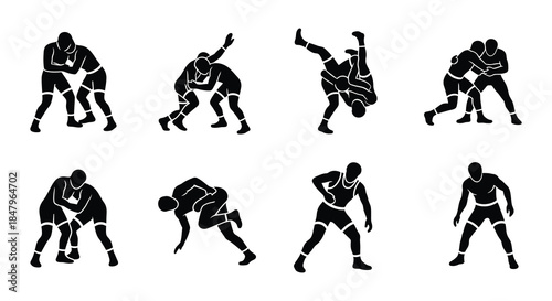 Wrestling silhouettes showcasing various grappling positions and athletic competition