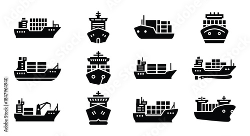 Collection of black silhouette icons depicting various types of cargo ships and tankers