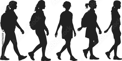 Silhouettes of Five Women Walking with Backpacks and Casual Clothing woman female
