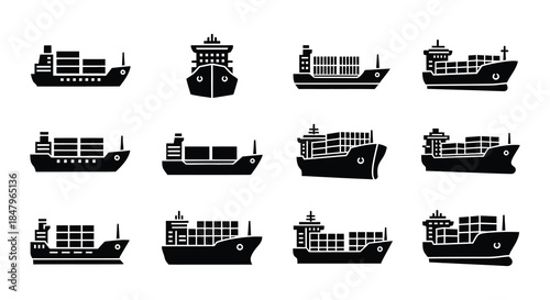 Collection of black silhouette icons depicting various types of cargo ships and tankers