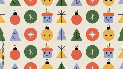 Charming Kawaii Christmas Pattern Festive Baubles, Trees, and Smiles on Cream Background