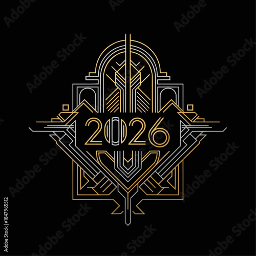 New Year vector in rare Art Deco geometric style, gold-and-silver symmetrical linework, decorative arches, stylized 2026 motif