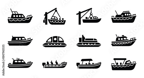 Collection of various boats and maritime vessels in simple black and white style