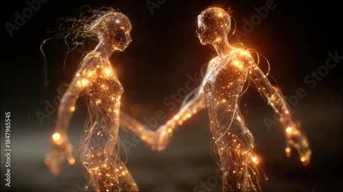 Ephemeral Connection: An ethereal depiction of two figures intertwined, their forms composed of radiant particles, suggesting a deep bond of unity.
