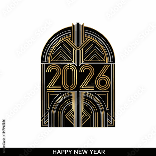 New Year vector in rare Art Deco geometric style, gold-and-silver symmetrical linework, decorative arches, stylized 2026 motif