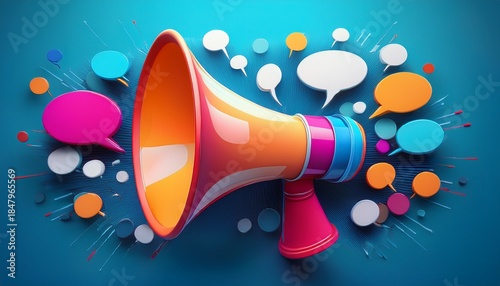 colorful 3d megaphone with multiple speech bubbles in a vibrant blue 3d space symbolizing the power of communication messaging and amplifying one s voice this image represents the technology design