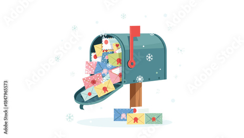 Overflowing mailbox is filled with colorful holiday letters and cards, suggesting a cheerful and festive season of correspondence.