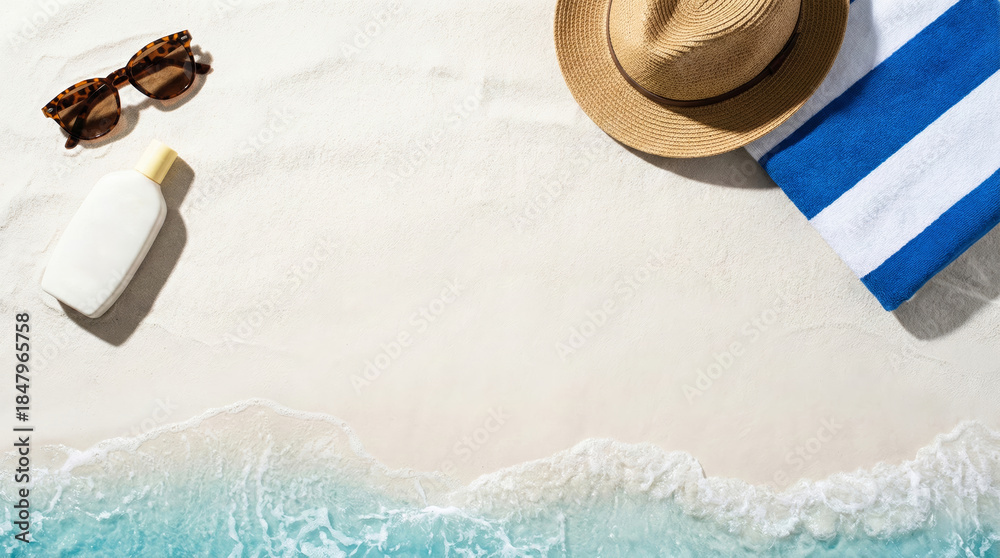 Obraz premium A top-down view of summer vacation essentials including a straw hat, blue striped towel, sunglasses, and a bottle of sunscreen arranged on white sand next to a foaming ocean wave with central copy spa