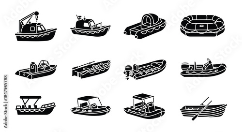 Collection of various boats and maritime vessels in simple black and white style